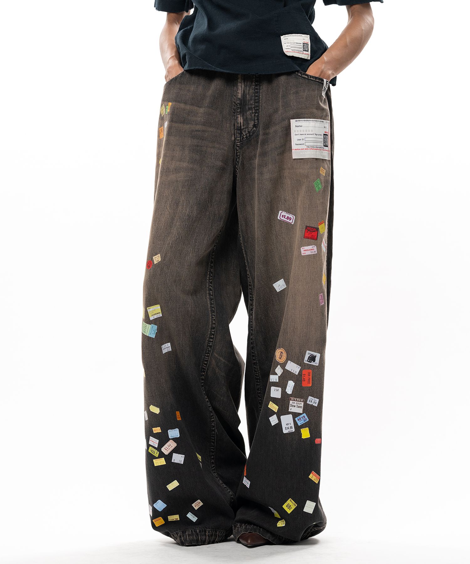 Price Tag Sticker Printed Wide Denim Pants