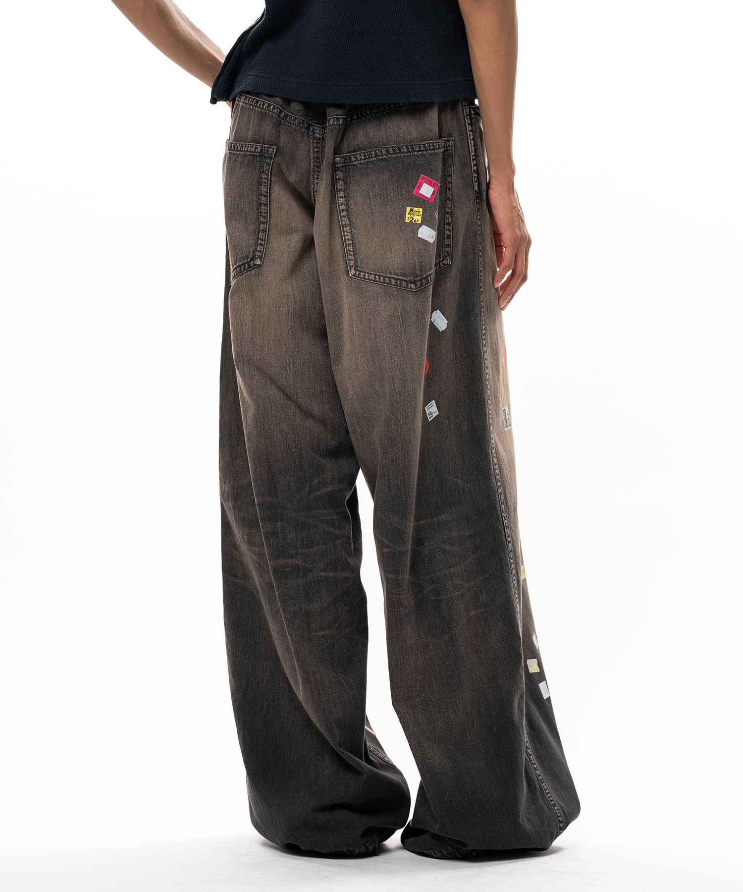Price Tag Sticker Printed Wide Denim Pants