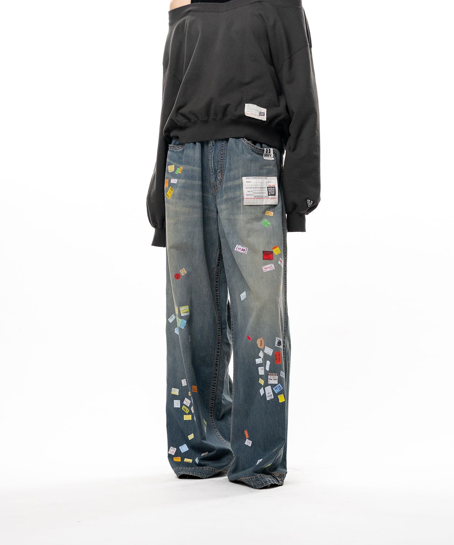 Price Tag Sticker Printed Wide Denim Pants
