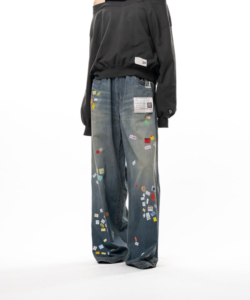 Price Tag Sticker Printed Wide Denim Pants