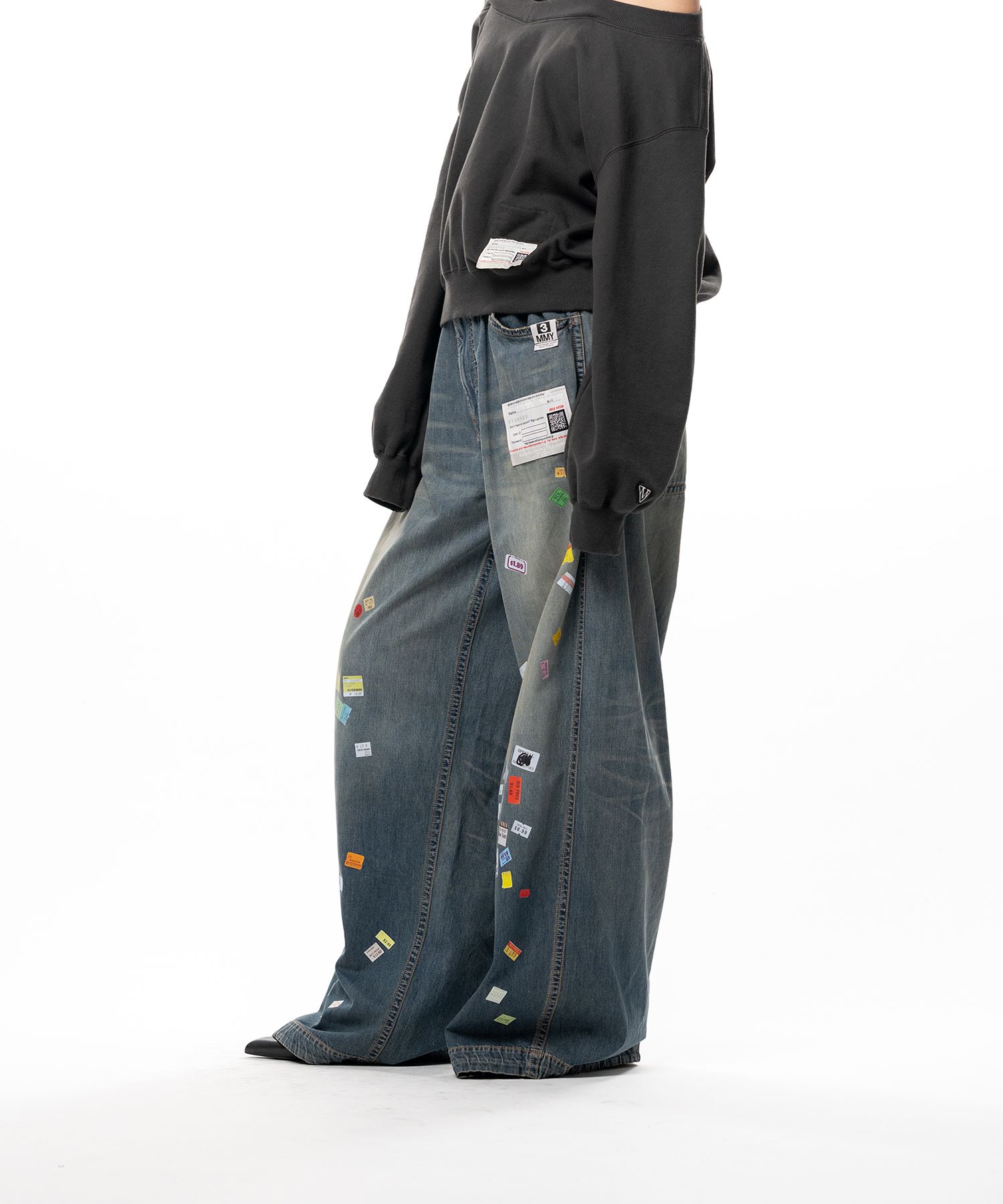 Price Tag Sticker Printed Wide Denim Pants