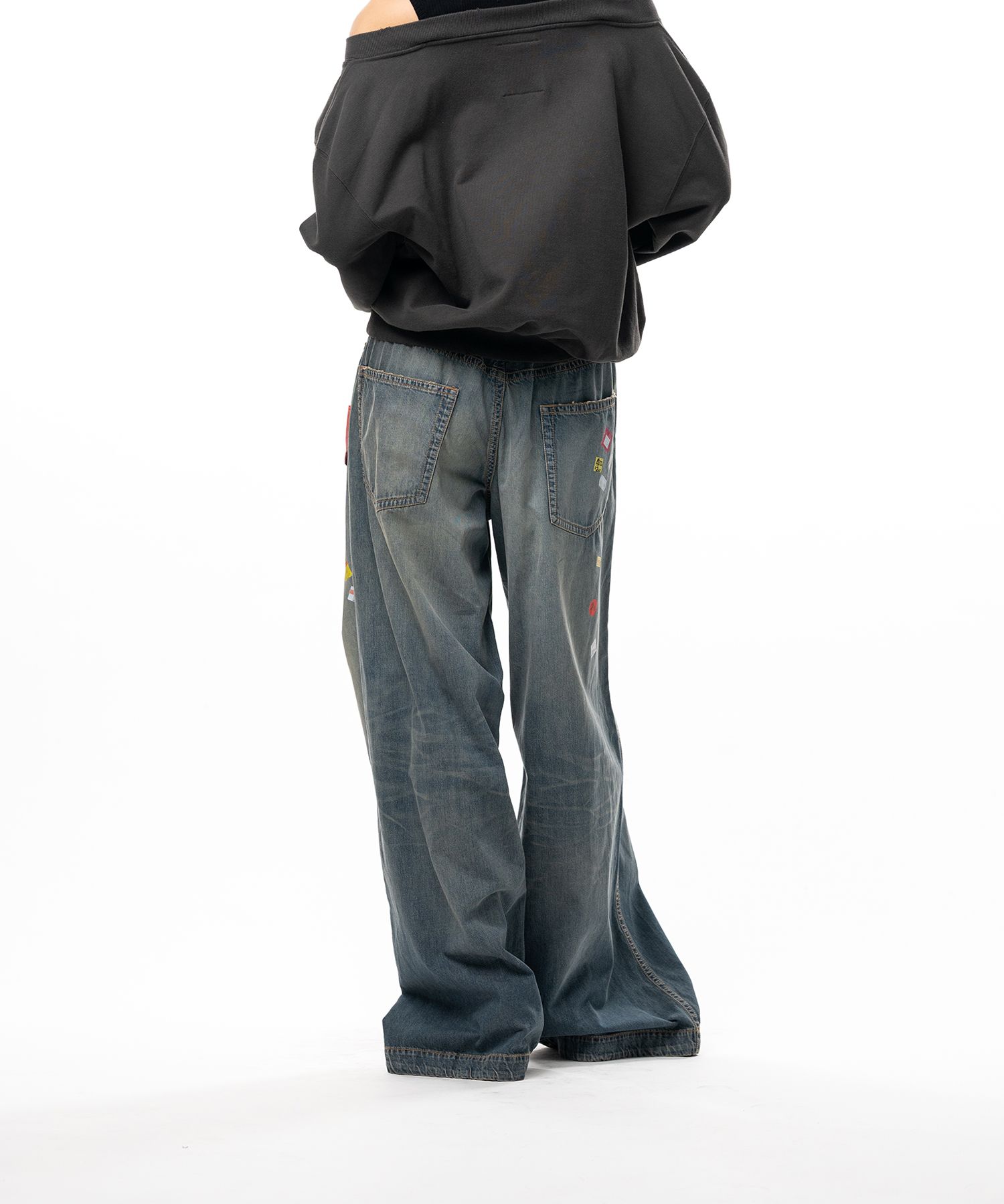 Price Tag Sticker Printed Wide Denim Pants