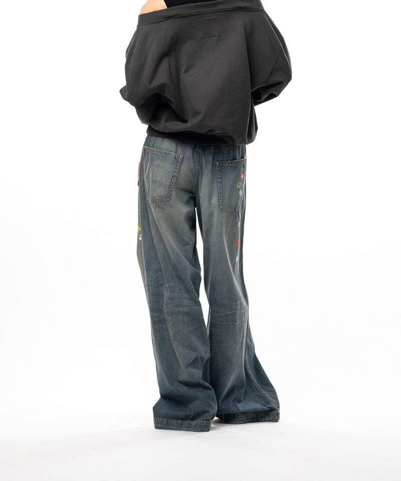 Price Tag Sticker Printed Wide Denim Pants