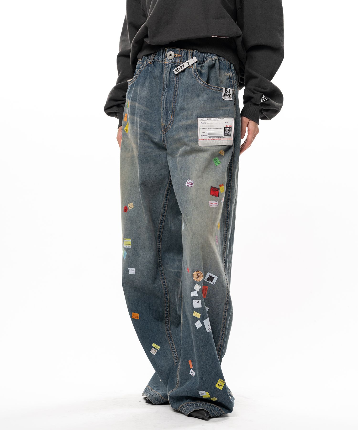Price Tag Sticker Printed Wide Denim Pants
