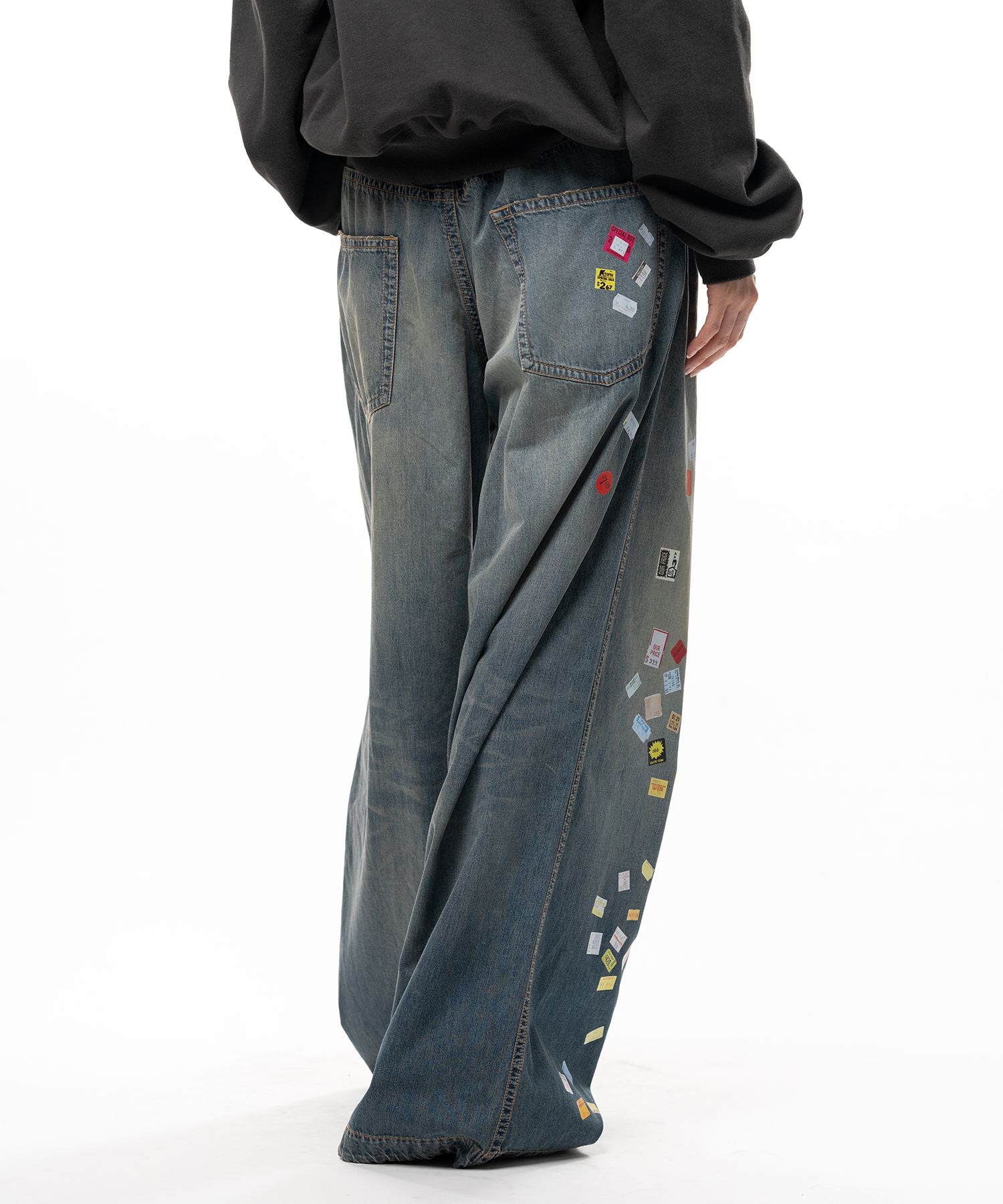 Price Tag Sticker Printed Wide Denim Pants