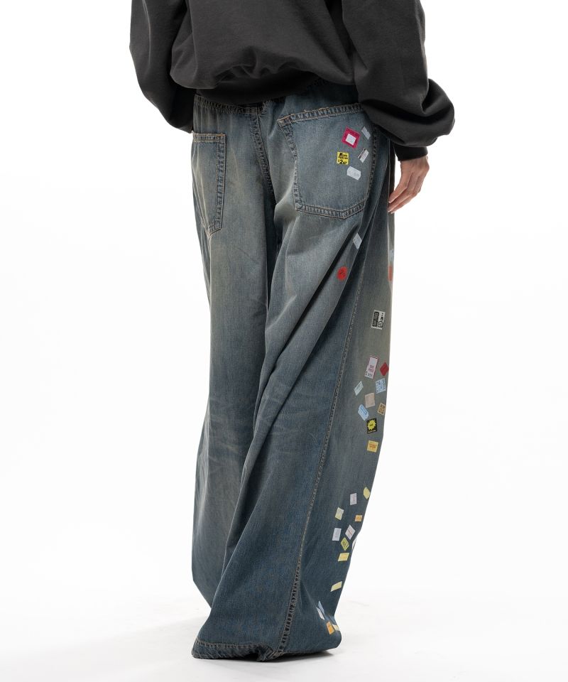 Price Tag Sticker Printed Wide Denim Pants