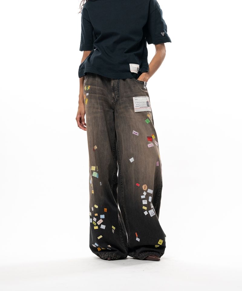 Price Tag Sticker Printed Wide Denim Pants