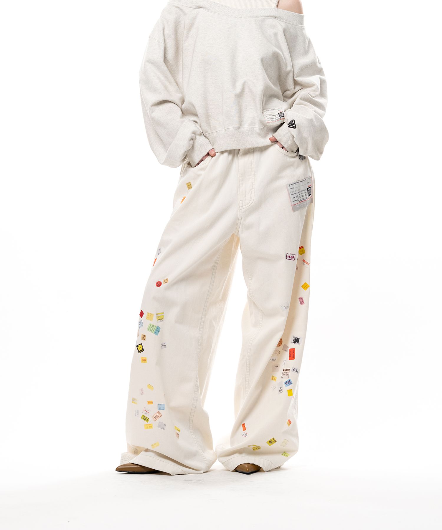 Price Tag Sticker Printed Wide Denim Pants