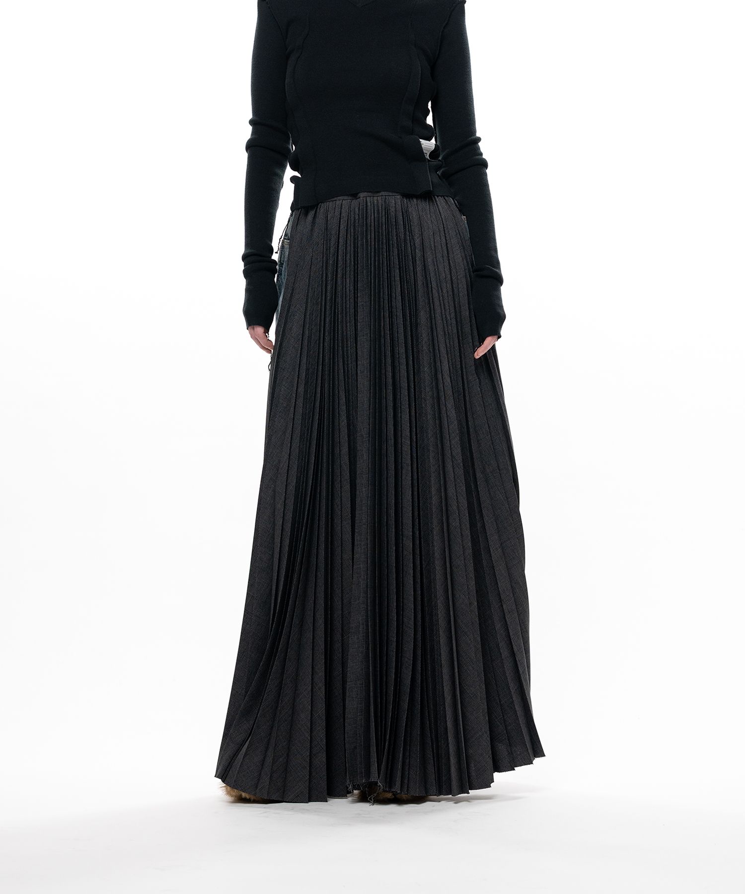 Combined Pleats Denim Skirt