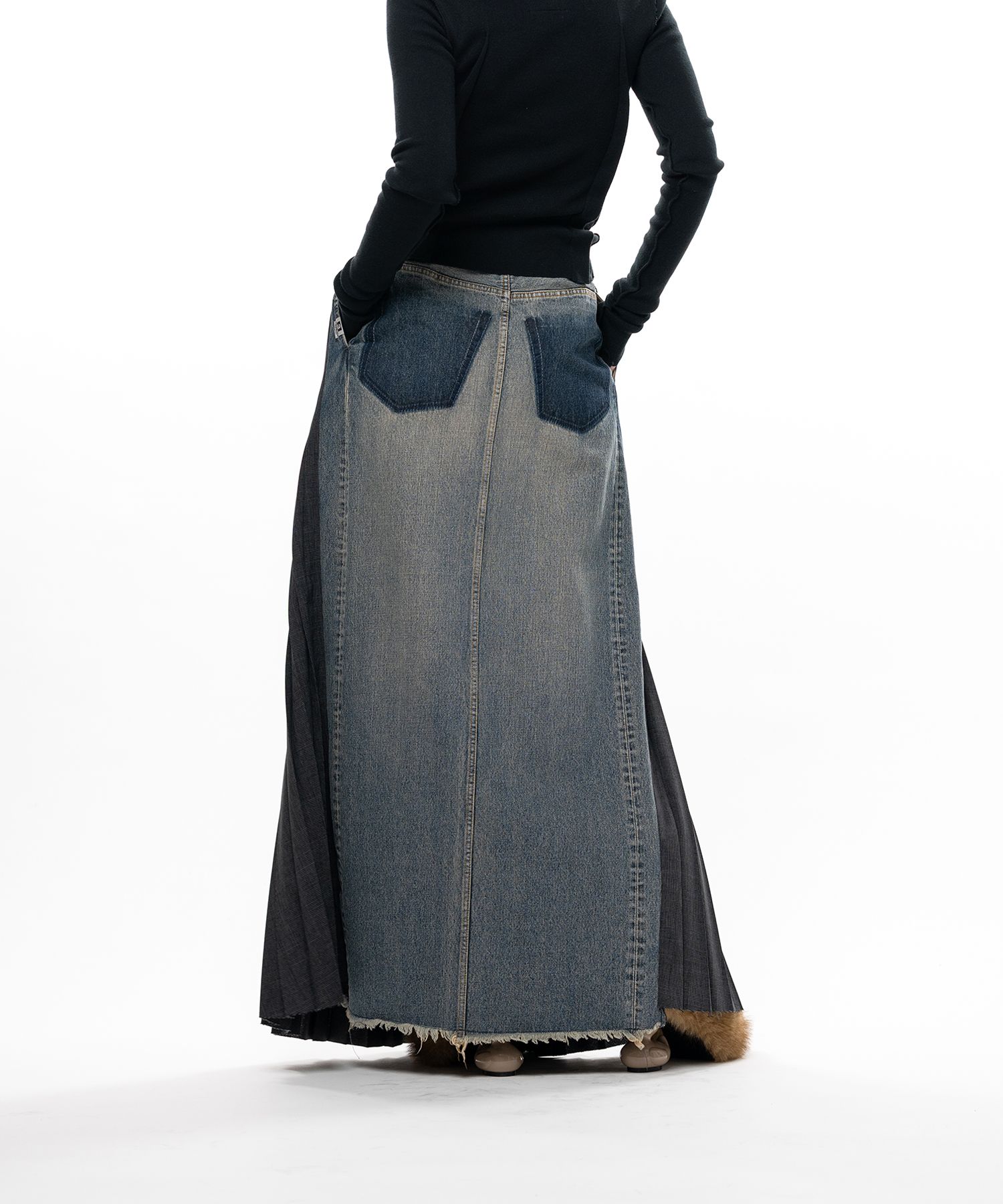 Combined Pleats Denim Skirt