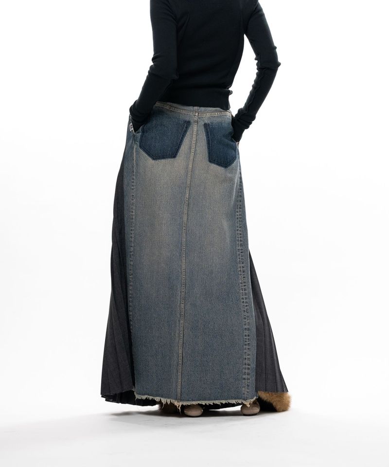 Combined Pleats Denim Skirt