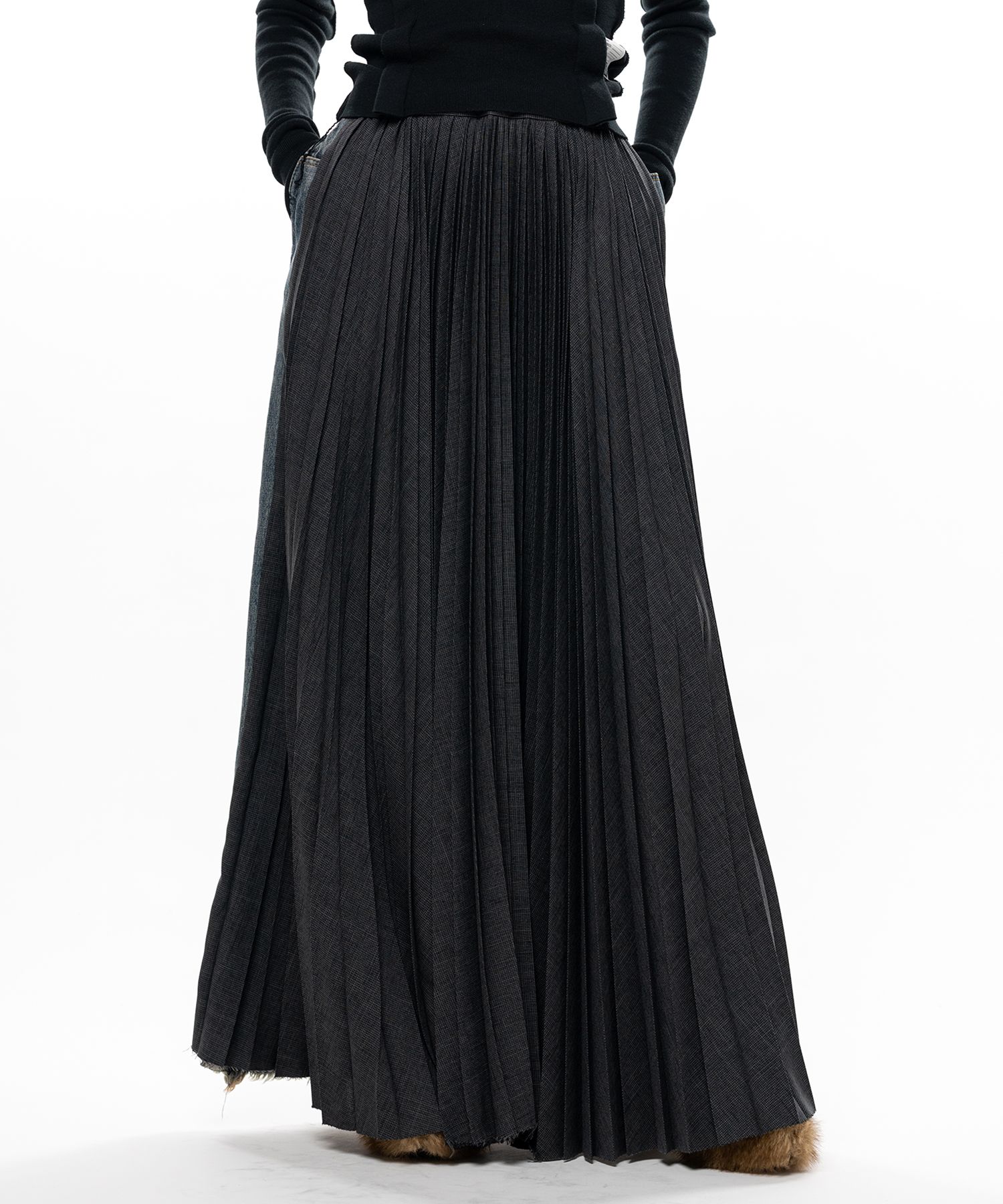 Combined Pleats Denim Skirt