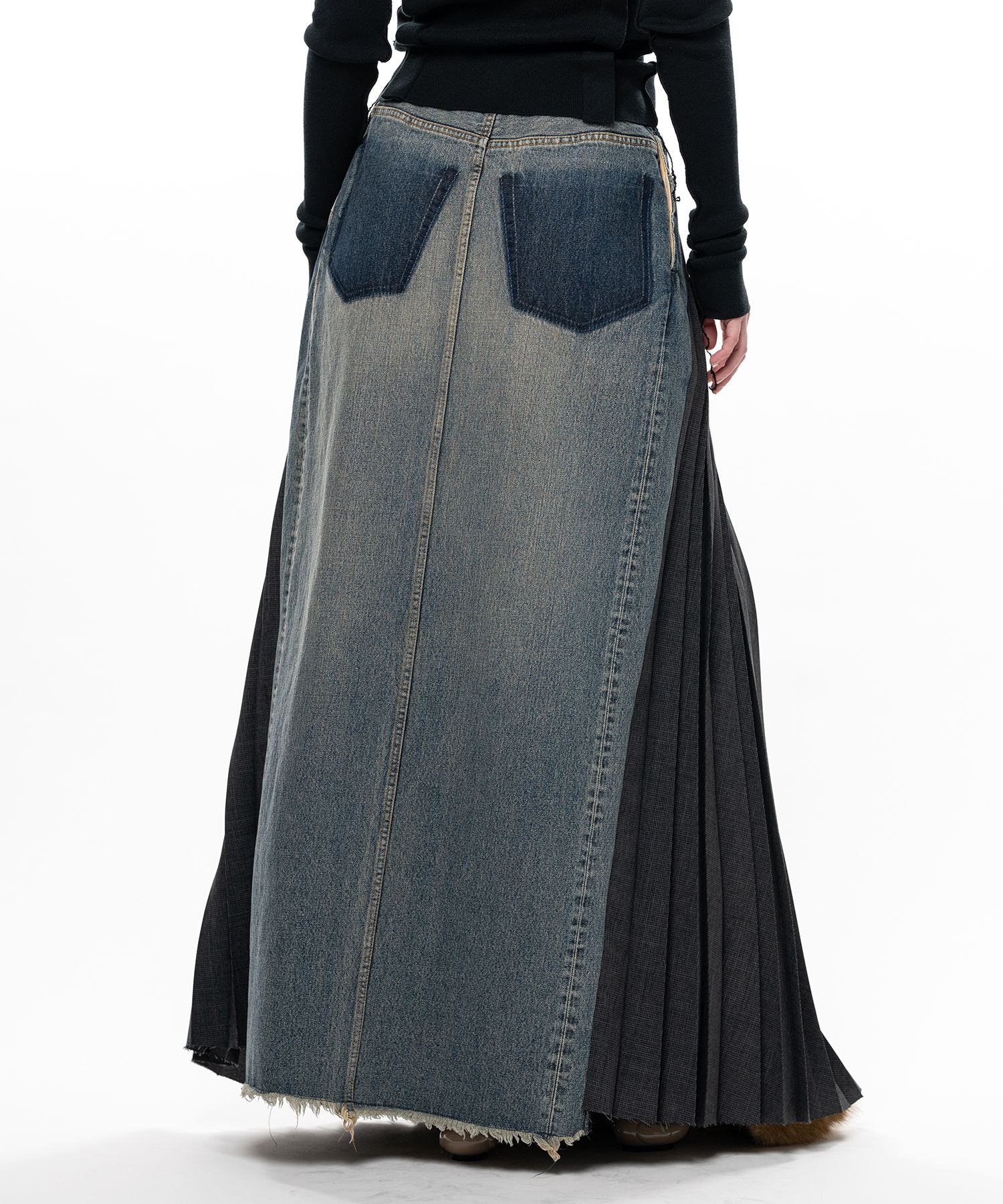 Combined Pleats Denim Skirt