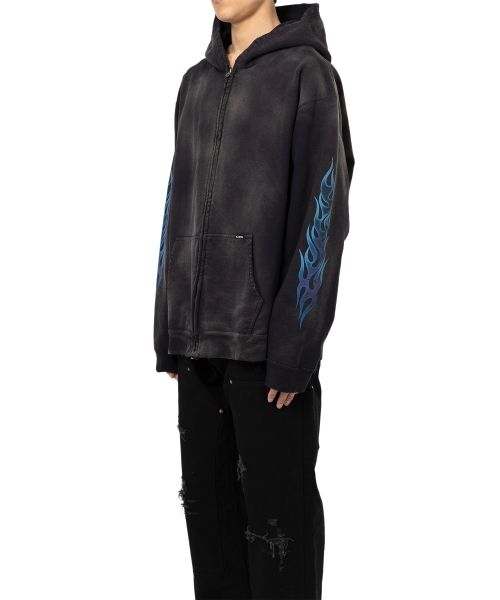 “KMY-FIRE” Distressed Zip-up Hoodie