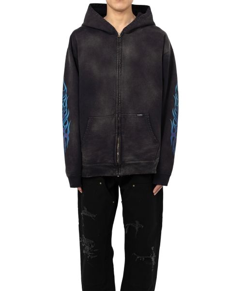 “KMY-FIRE” Distressed Zip-up Hoodie
