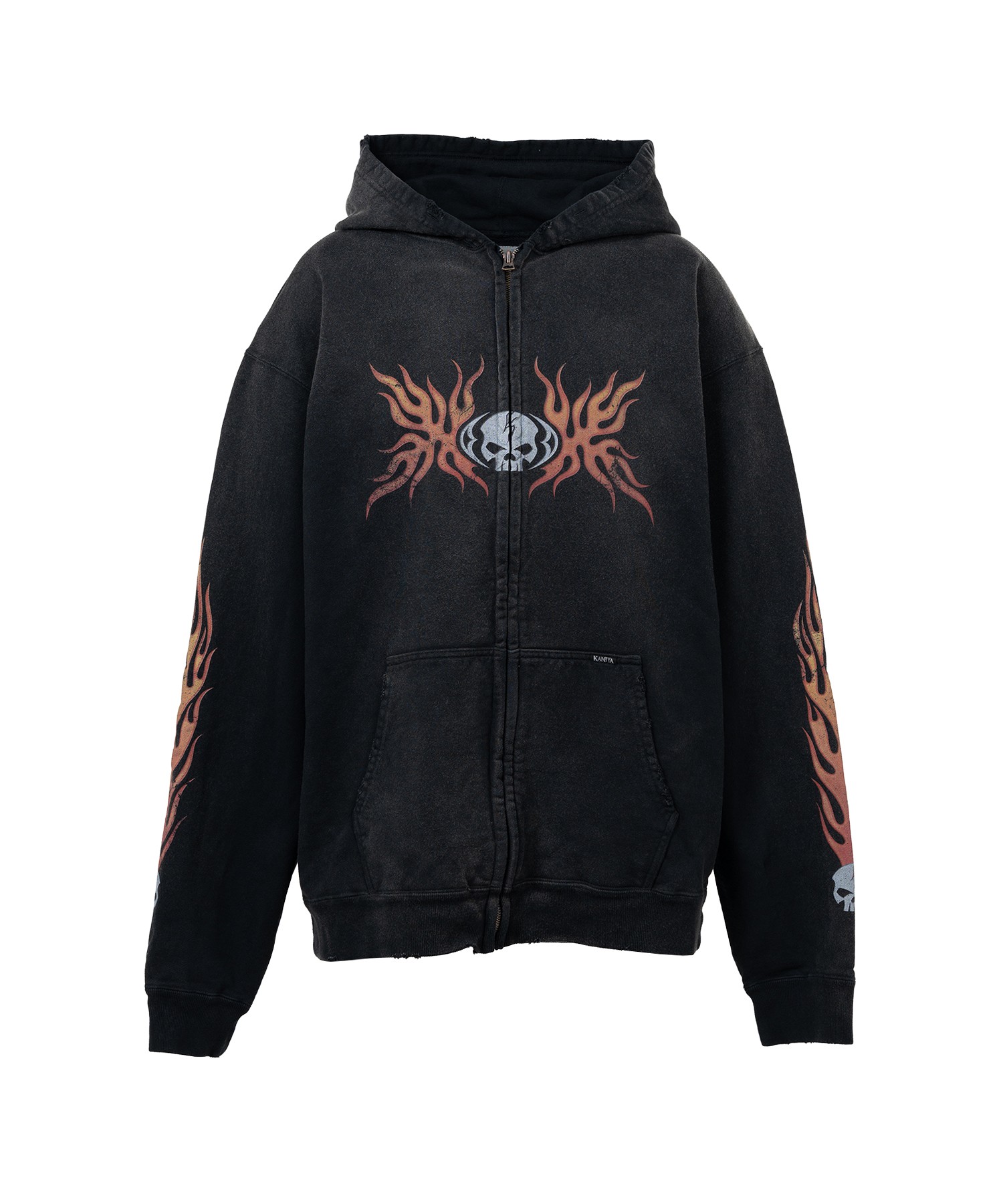 “Skull Flame”Distressed Zip-up Hoodie