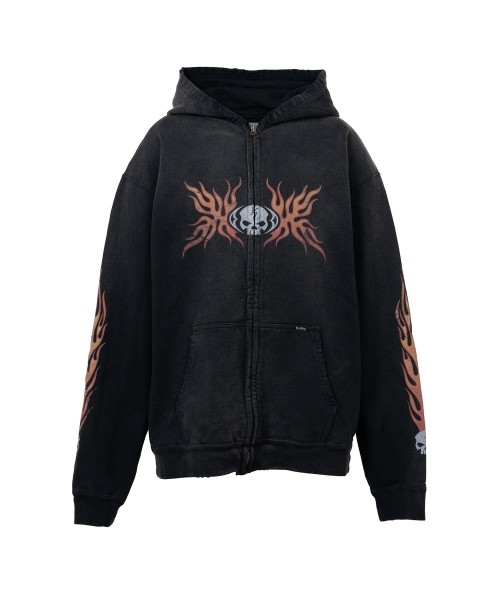 “Skull Flame”Distressed Zip-up Hoodie
