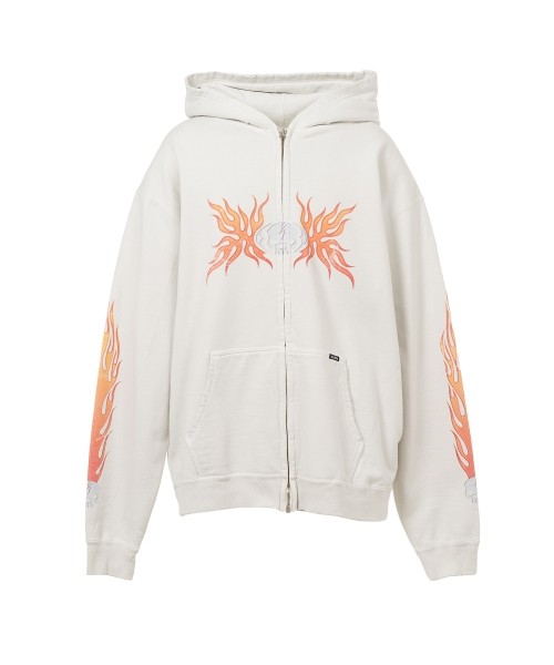 “Skull Flame”Distressed Zip-up Hoodie