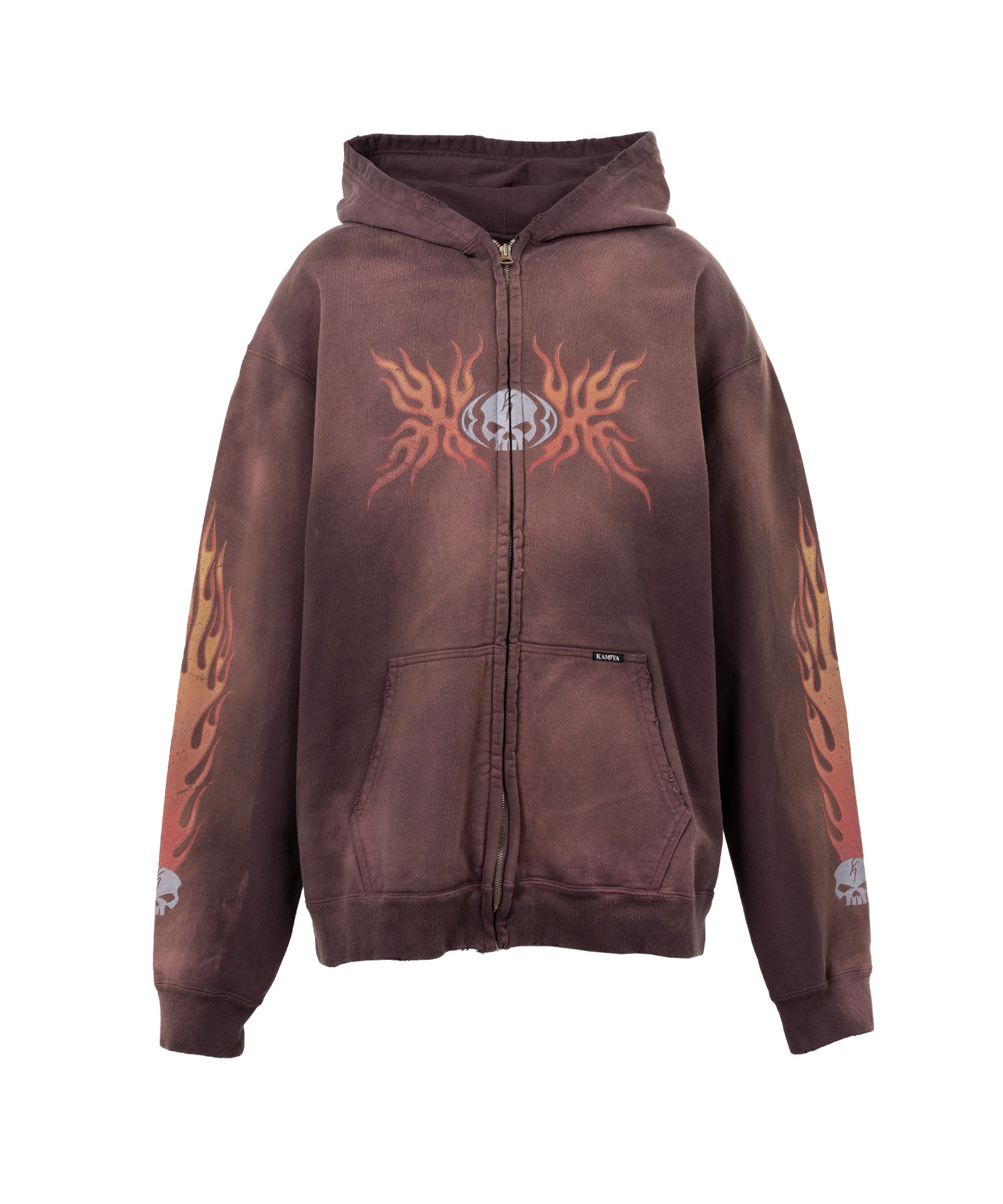 “Skull Flame”Distressed Zip-up Hoodie