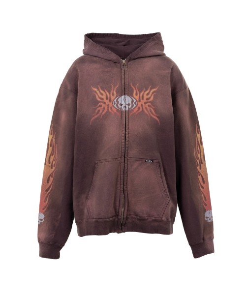 “Skull Flame”Distressed Zip-up Hoodie
