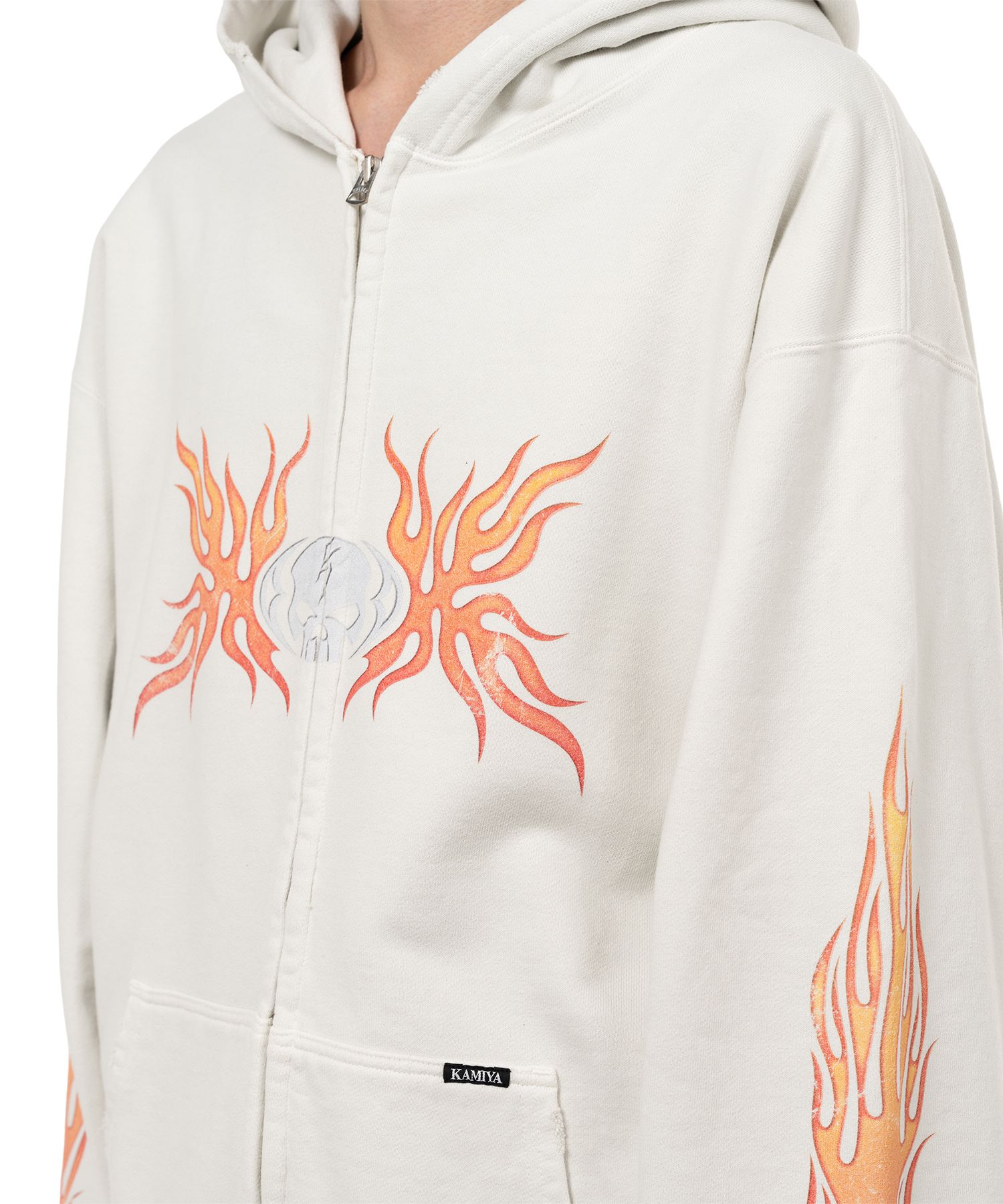 “Skull Flame”Distressed Zip-up Hoodie