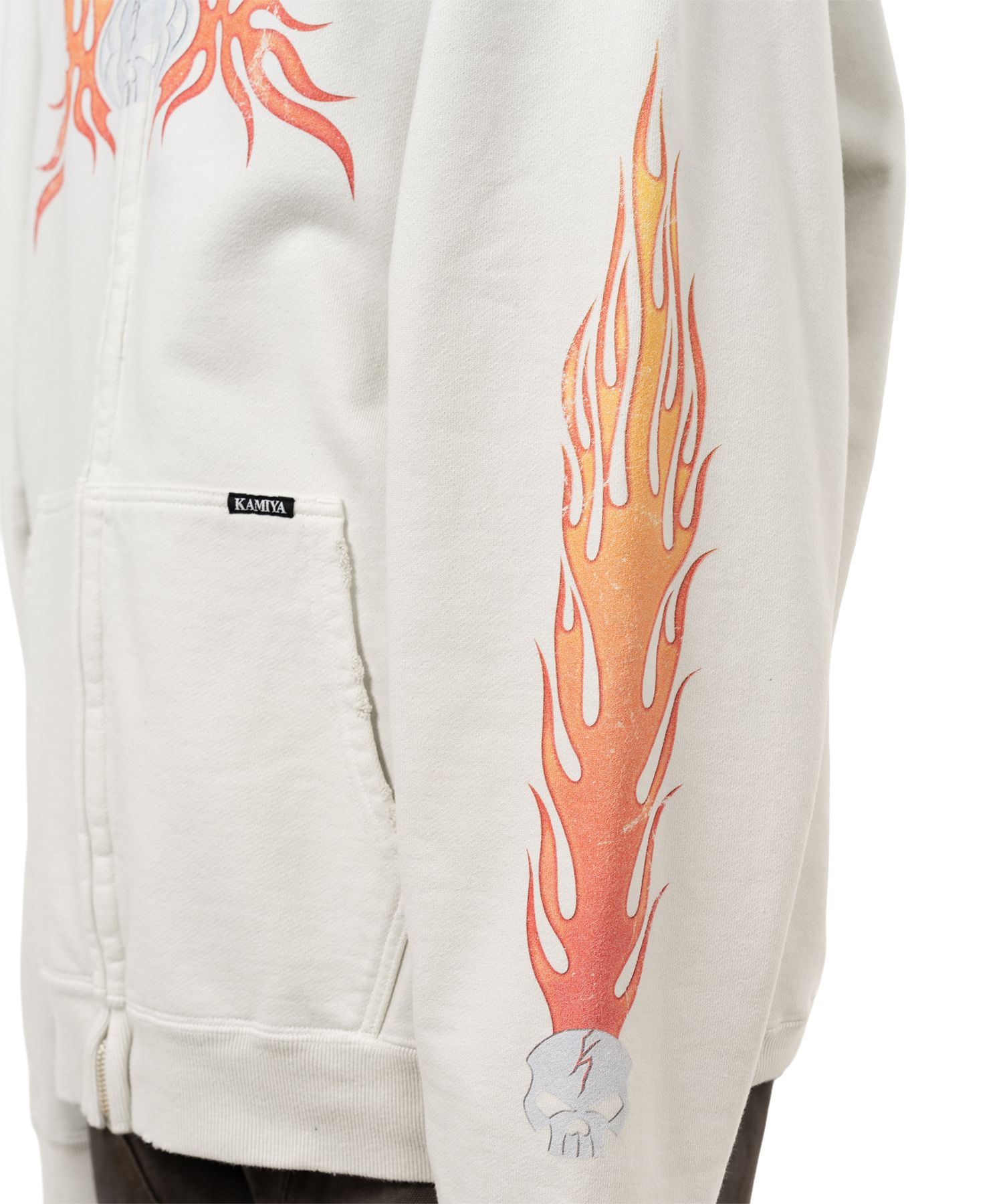 “Skull Flame”Distressed Zip-up Hoodie