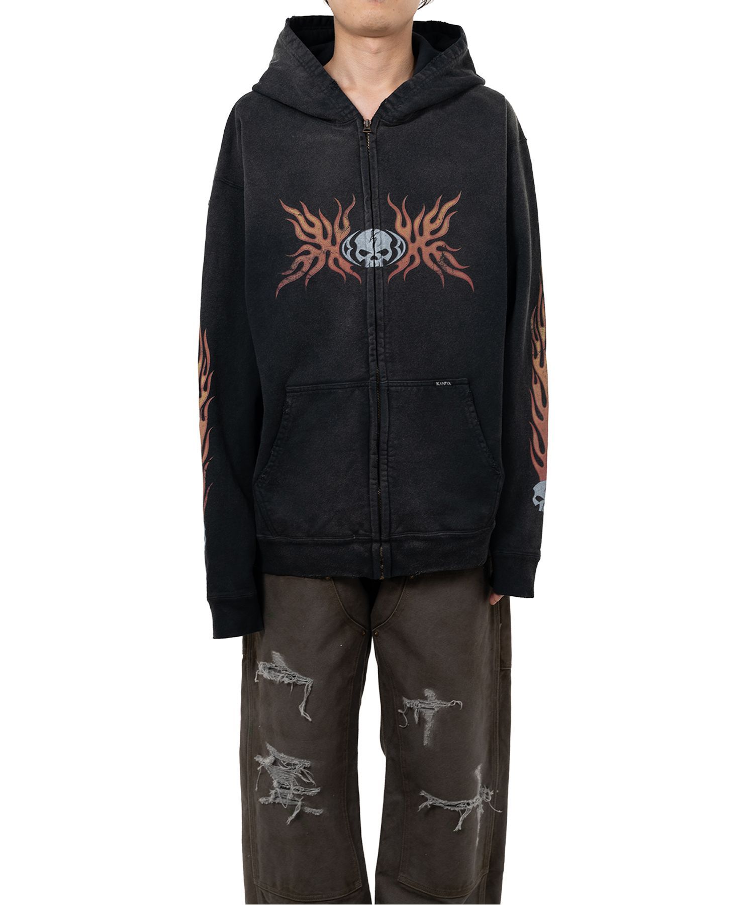 “Skull Flame”Distressed Zip-up Hoodie