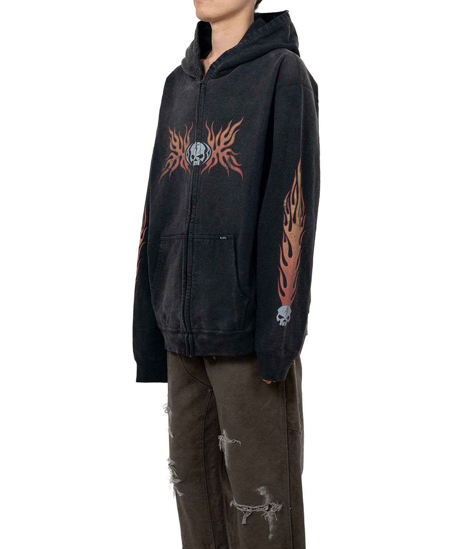 “Skull Flame”Distressed Zip-up Hoodie
