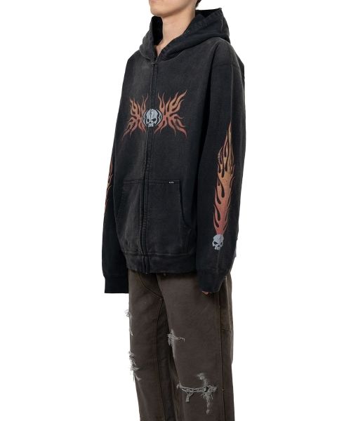 “Skull Flame”Distressed Zip-up Hoodie