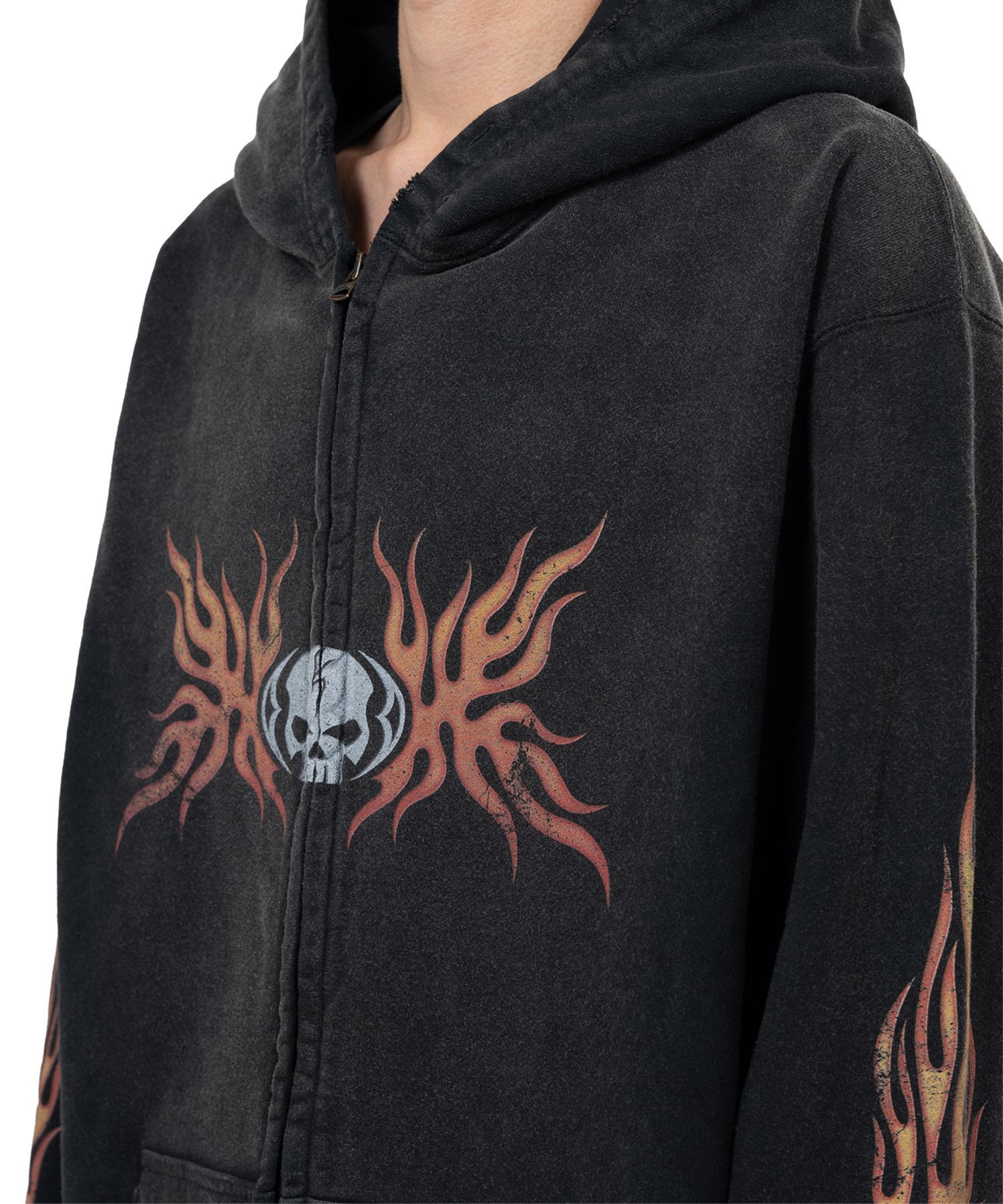 “Skull Flame”Distressed Zip-up Hoodie