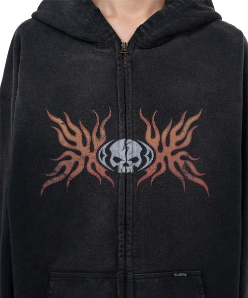 “Skull Flame”Distressed Zip-up Hoodie