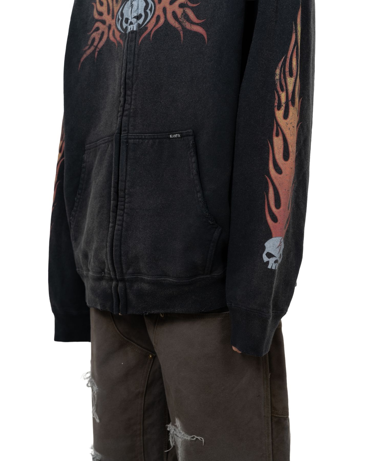 “Skull Flame”Distressed Zip-up Hoodie