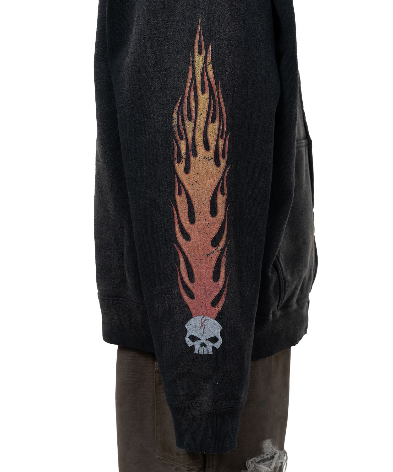 “Skull Flame”Distressed Zip-up Hoodie