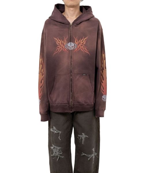 “Skull Flame”Distressed Zip-up Hoodie