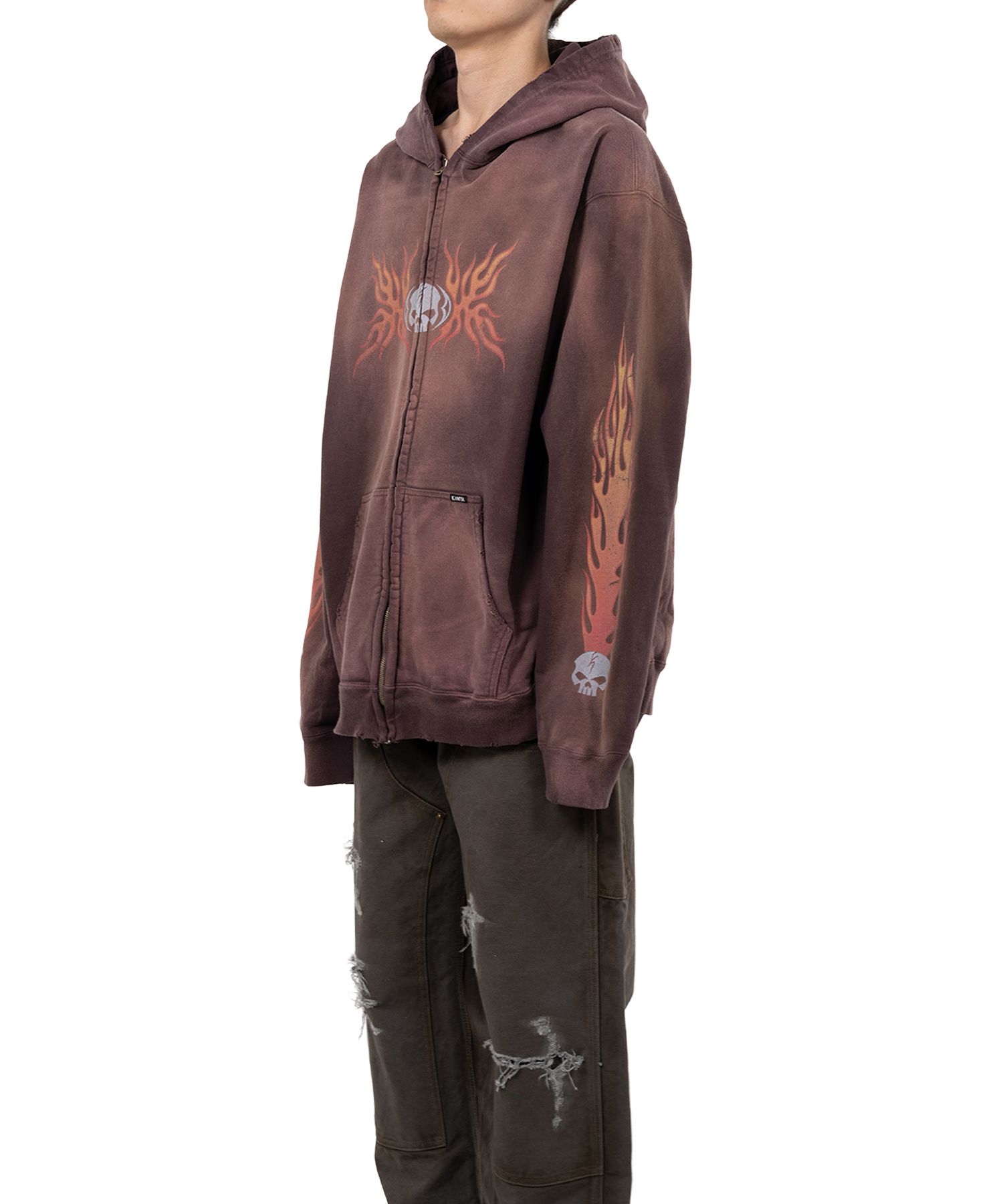 “Skull Flame”Distressed Zip-up Hoodie