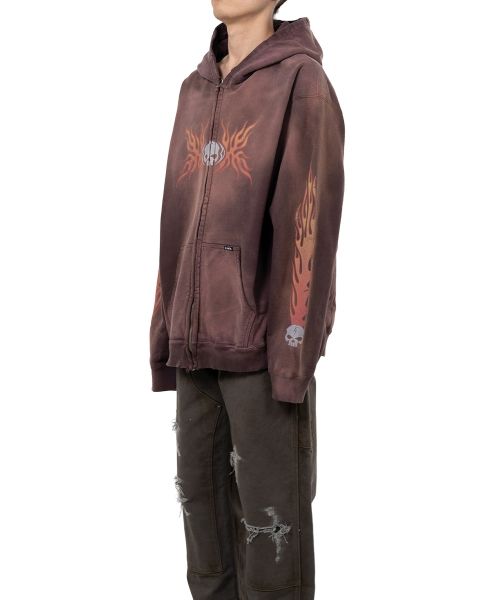 “Skull Flame”Distressed Zip-up Hoodie
