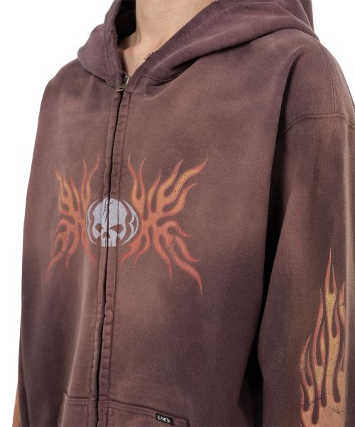 “Skull Flame”Distressed Zip-up Hoodie