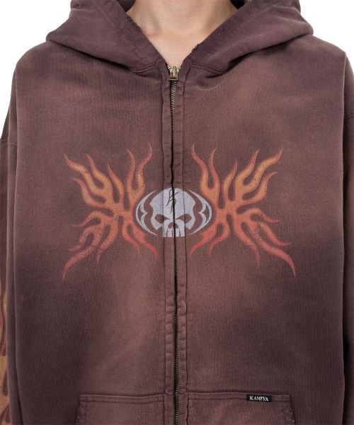 “Skull Flame”Distressed Zip-up Hoodie