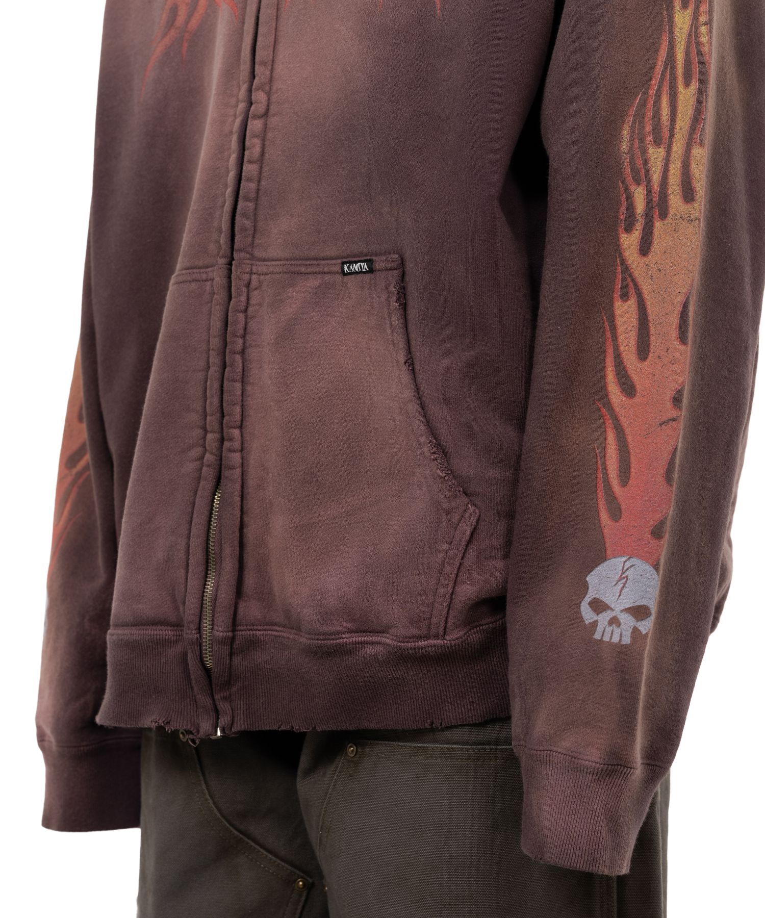 “Skull Flame”Distressed Zip-up Hoodie