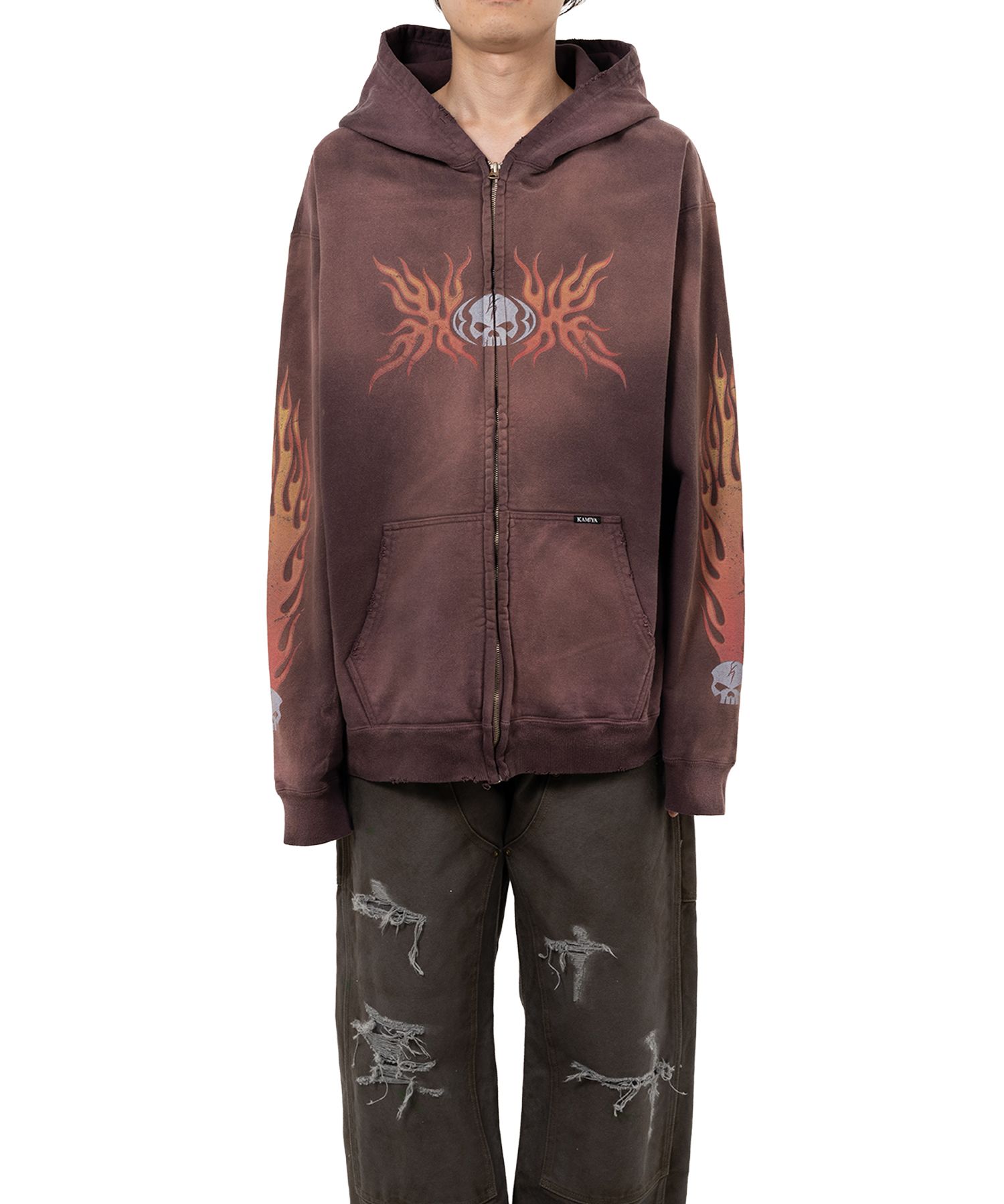 “Skull Flame”Distressed Zip-up Hoodie