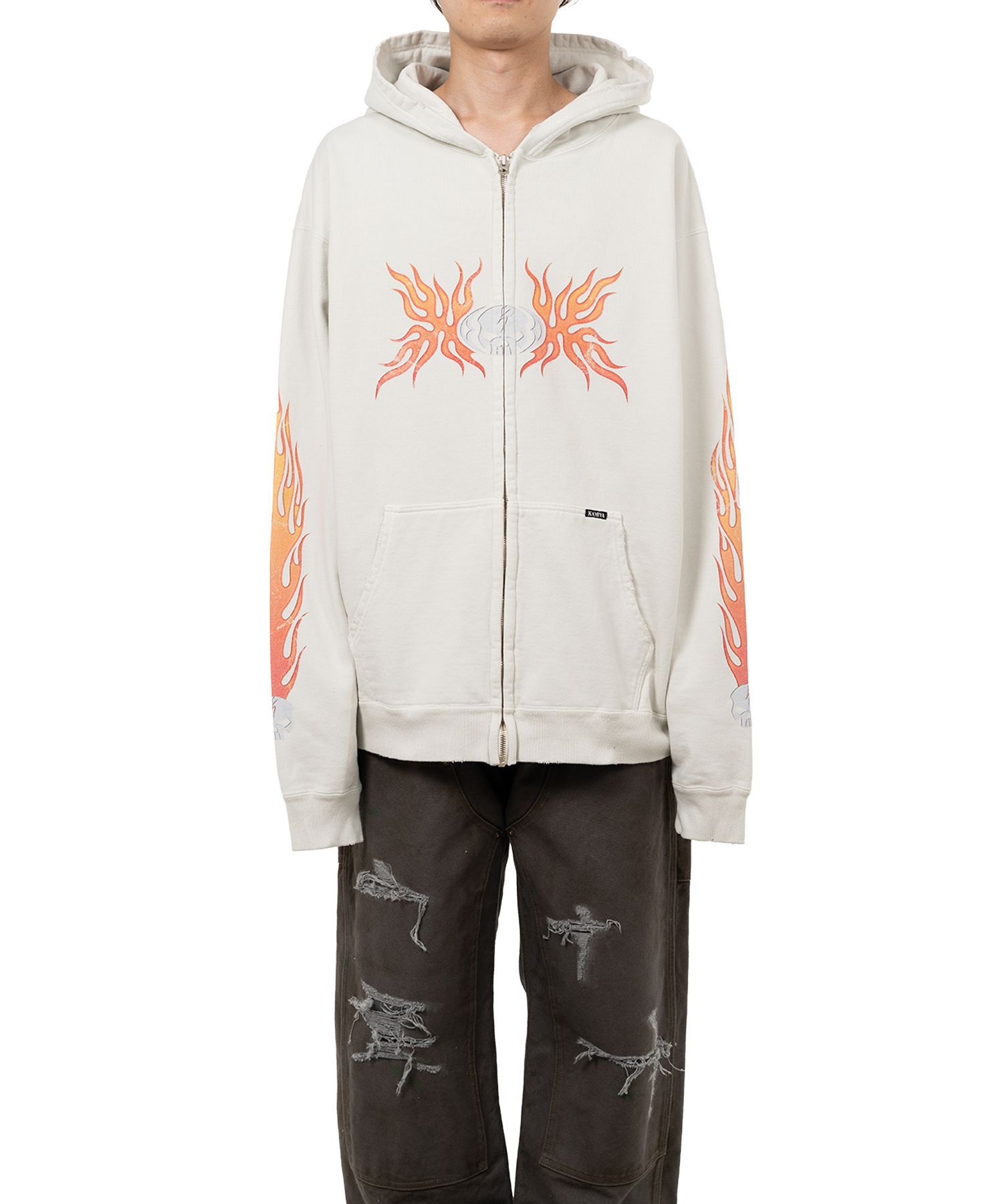 “Skull Flame”Distressed Zip-up Hoodie