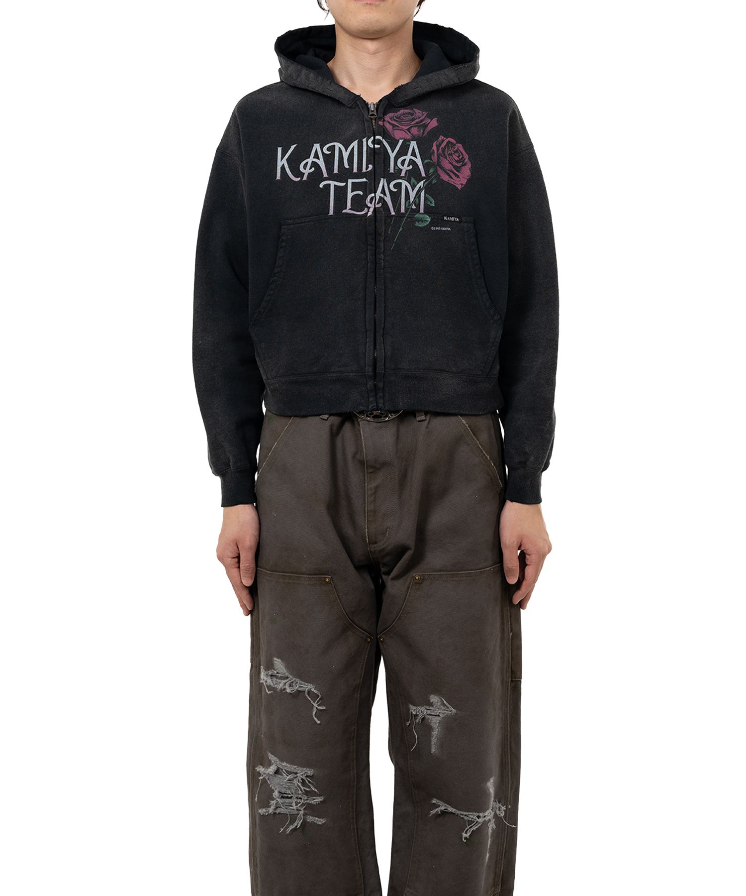 "Rose" Distressed Distressed Zip-up Short Hoodie