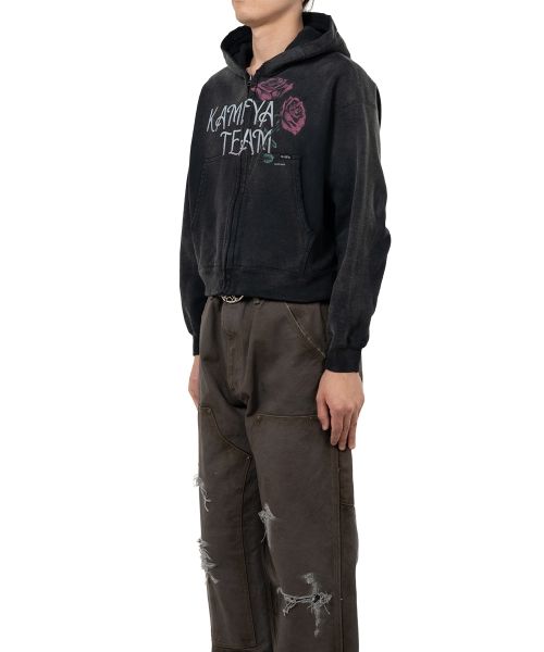 "Rose" Distressed Distressed Zip-up Short Hoodie