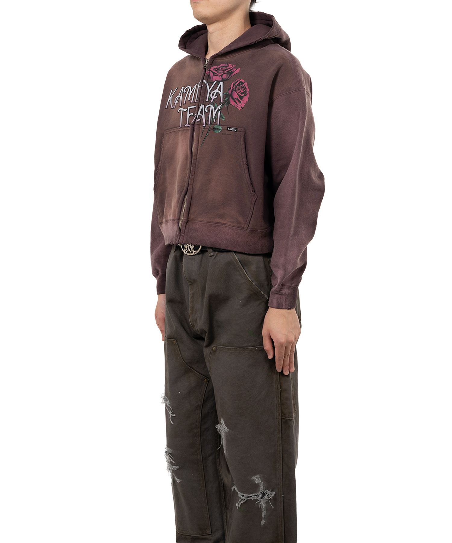 "Rose" Distressed Distressed Zip-up Short Hoodie