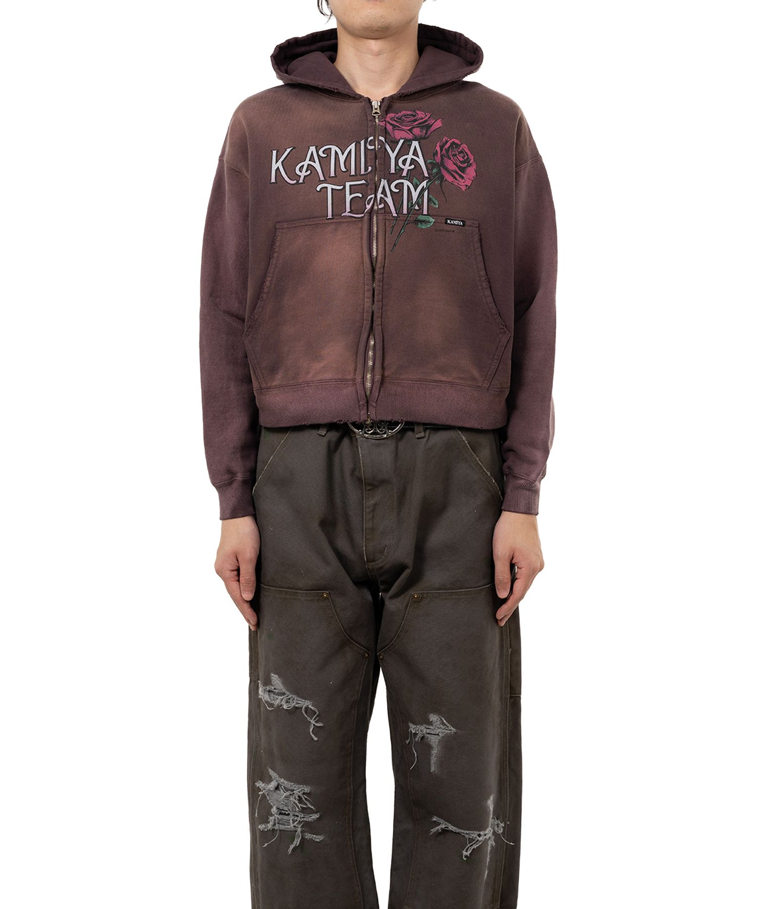 "Rose" Distressed Distressed Zip-up Short Hoodie