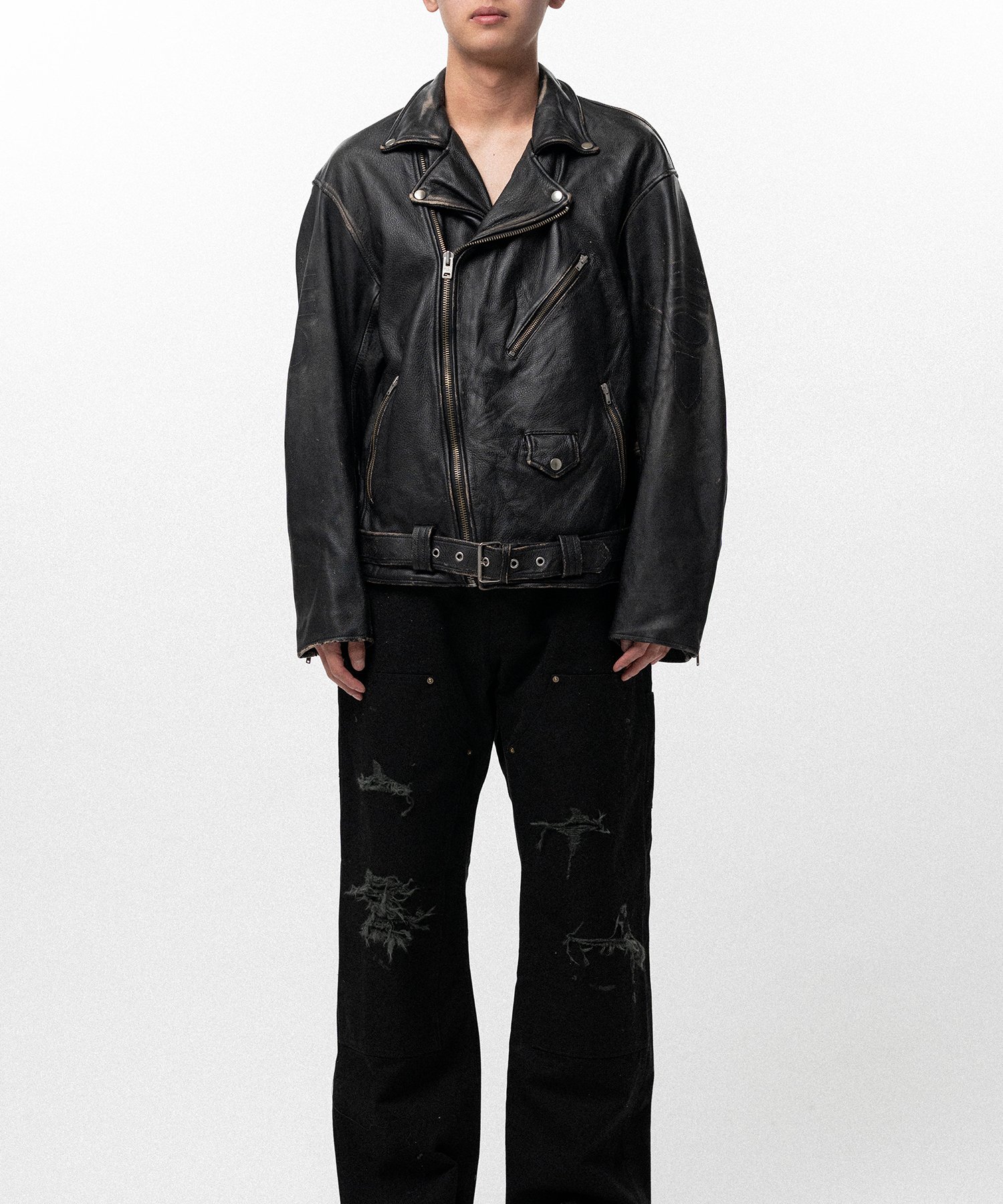 Distressed Leather Biker Jacket