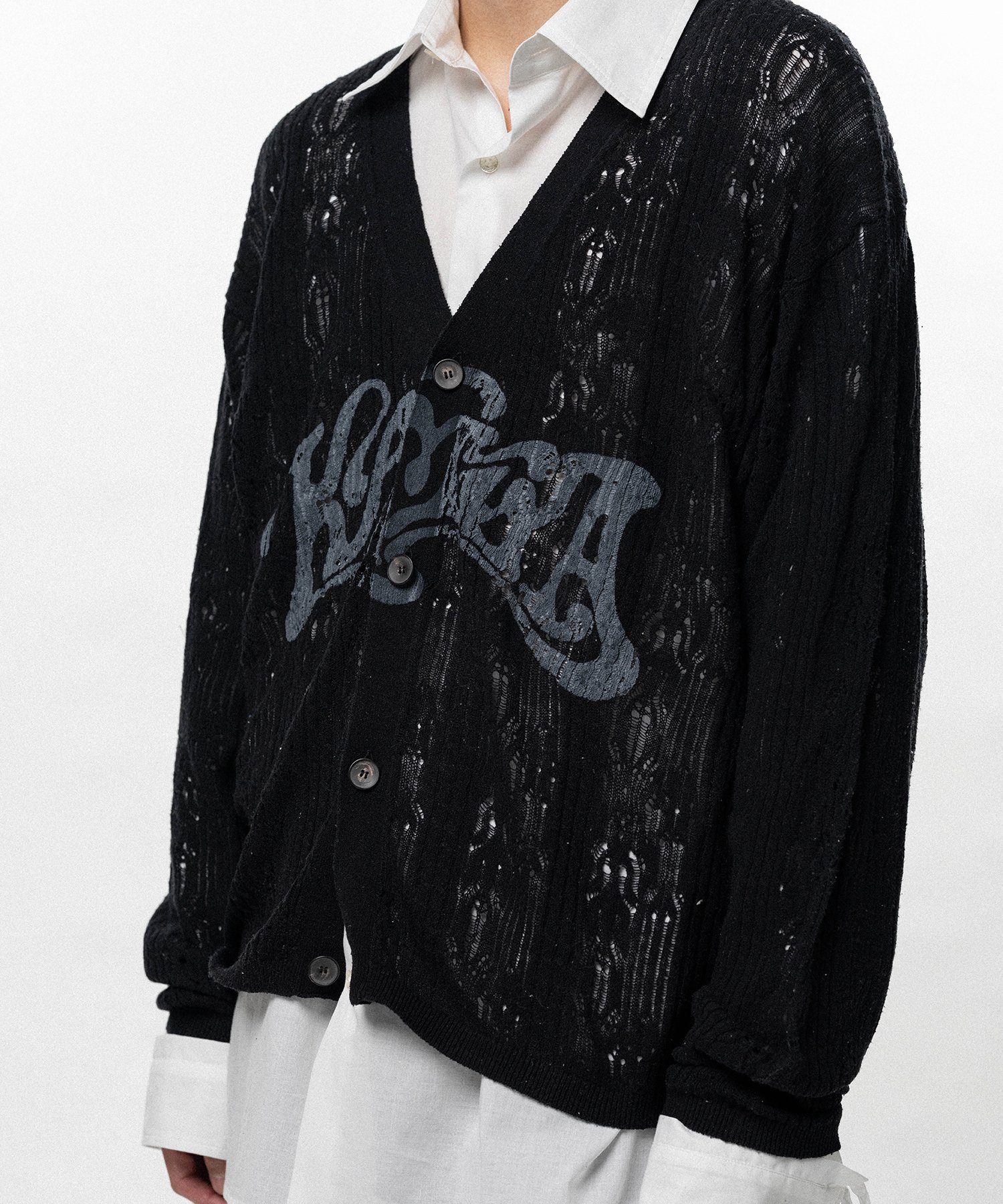 "WAVY KAMIYA" Printed Silk Lace Knit Cardigan