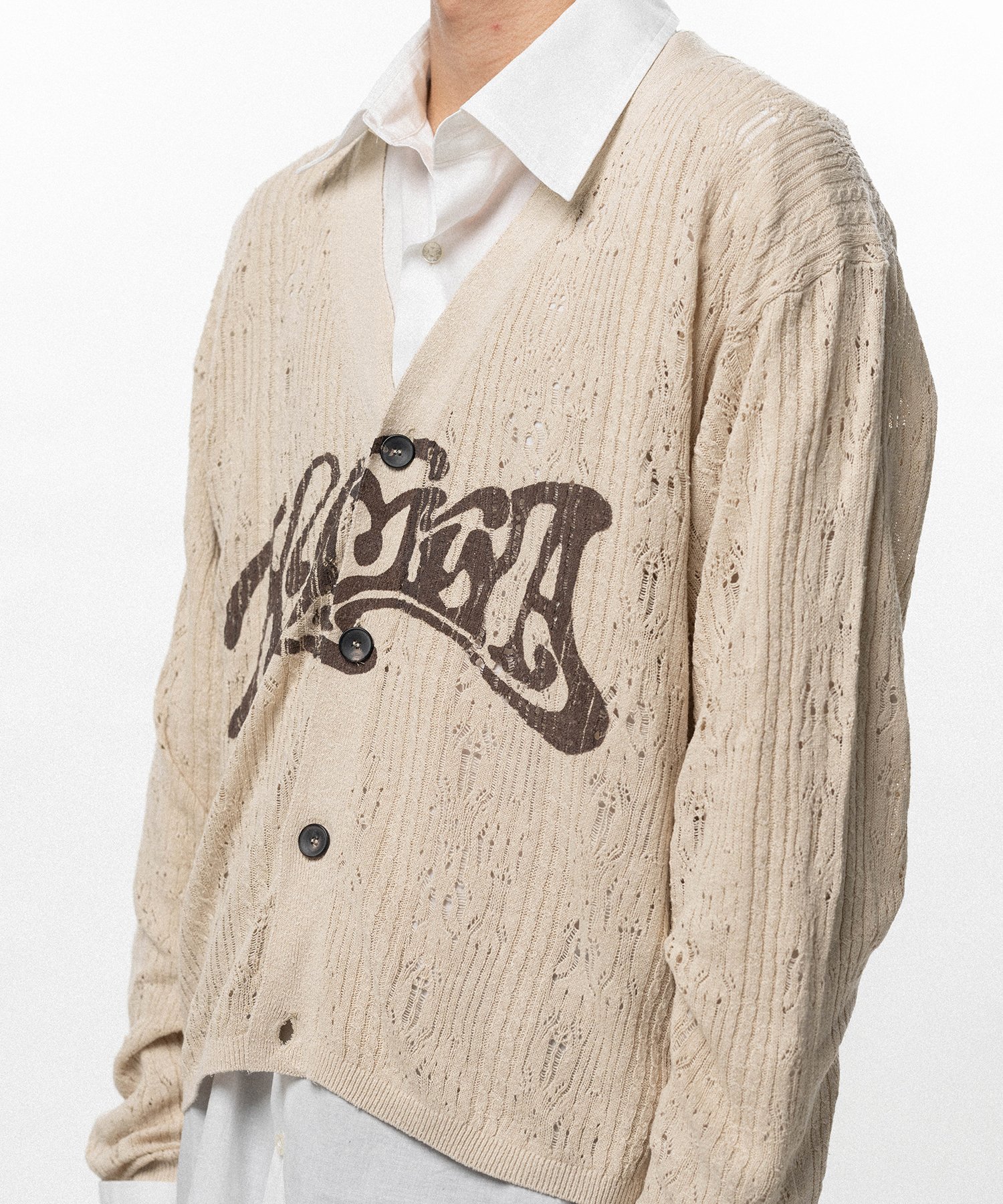 "WAVY KAMIYA" Printed Silk Lace Knit Cardigan