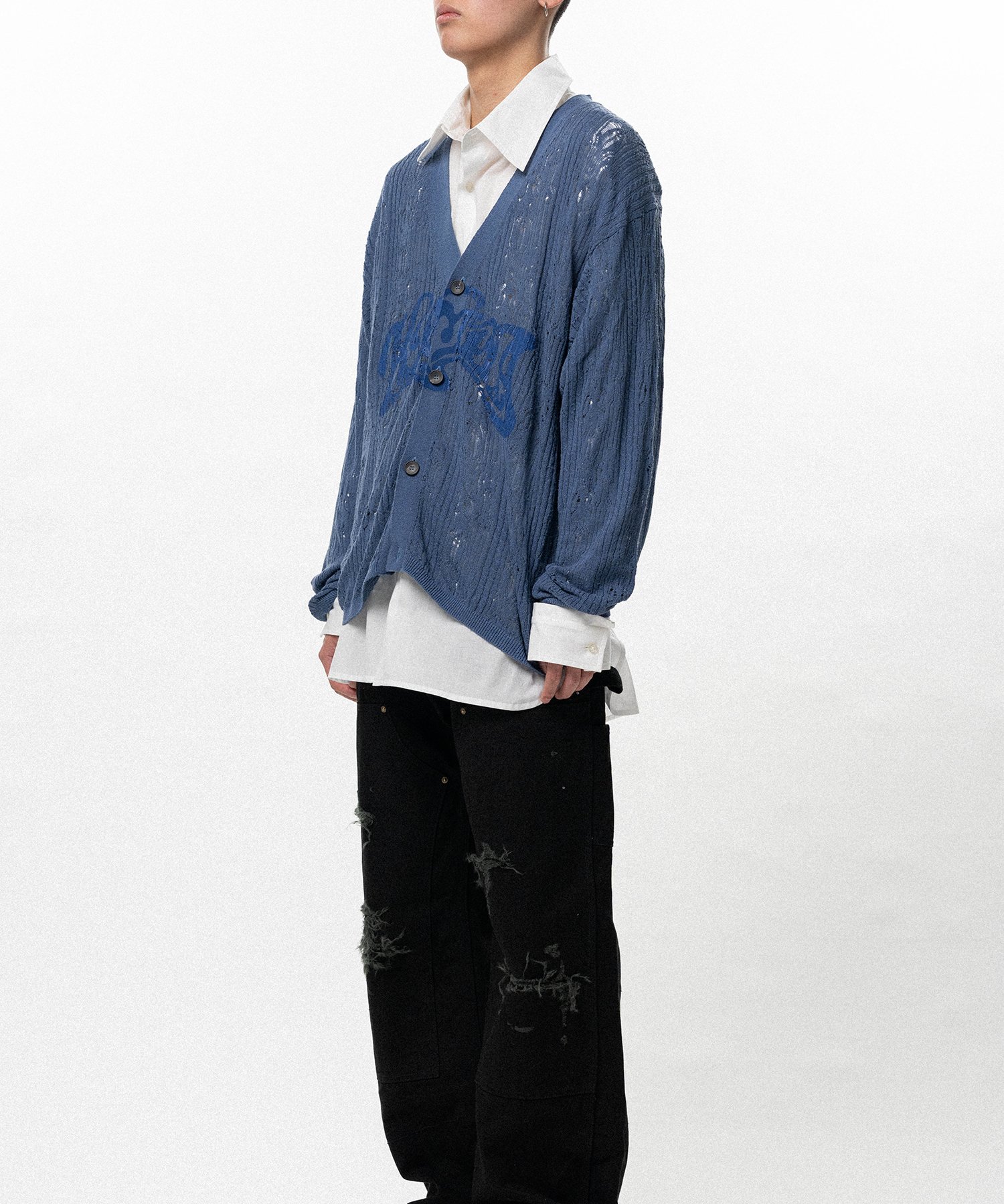 "WAVY KAMIYA" Printed Silk Lace Knit Cardigan