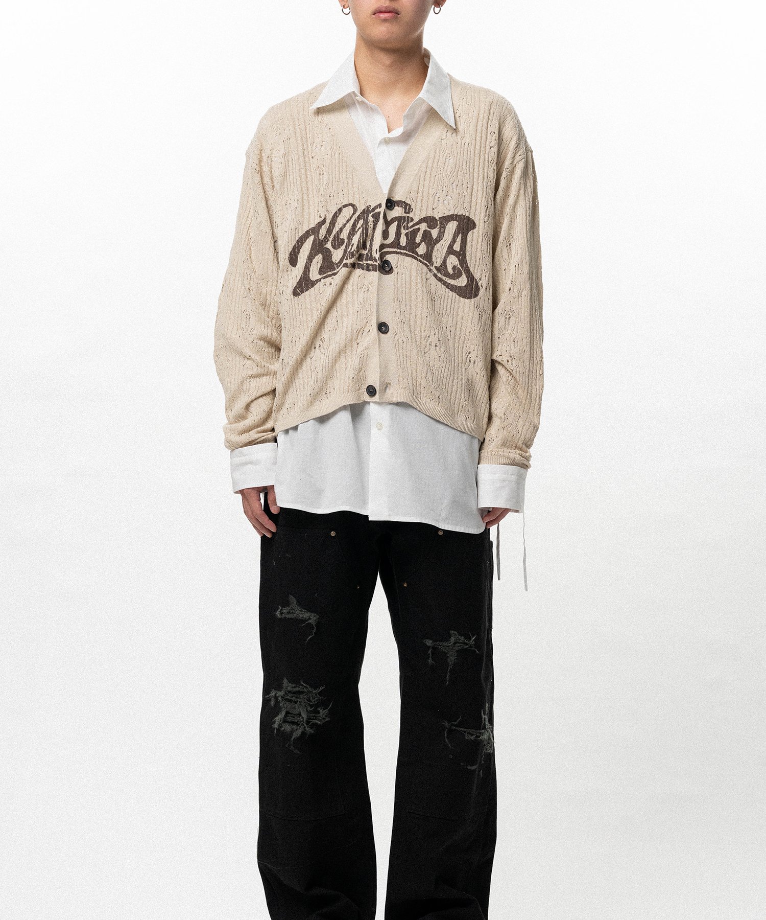 "WAVY KAMIYA" Printed Silk Lace Knit Cardigan